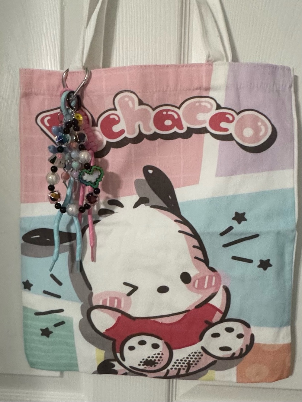 Sanrio Pachocco Kids Pink & Blue Character Tote Bag with Beaded Bag Charm
